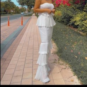 White Bandeau Shirred Ruffle Hem Layered Dress